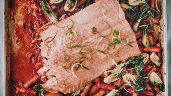 Crispy Sheet-Pan Salmon With Kimchi & Rice Cakes