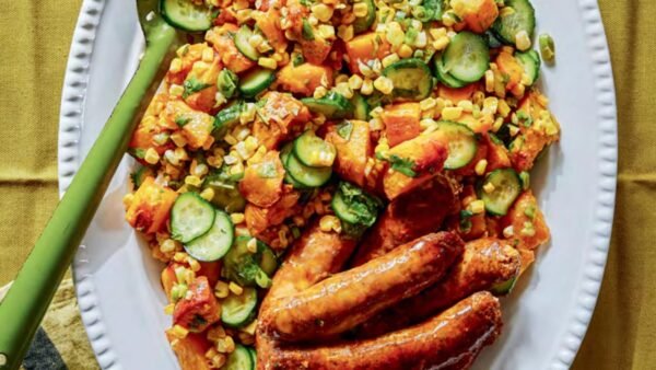 Sheet-Pan Chorizo with Roasted Peach & Corn Salad
