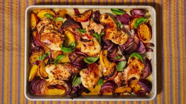 20-Min Broiled Hot Honey Chicken and Peaches